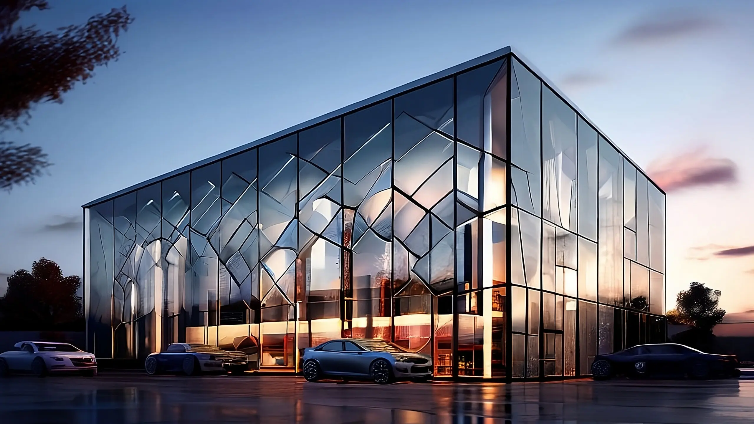 EIN GLASGEB&Auml;UDE MIT DRAUSSEN GEPARKTEN AUTOS